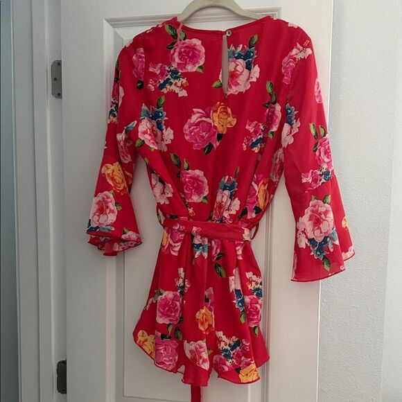 Pink Lily Floral Red Romper - Picture 5 of 5